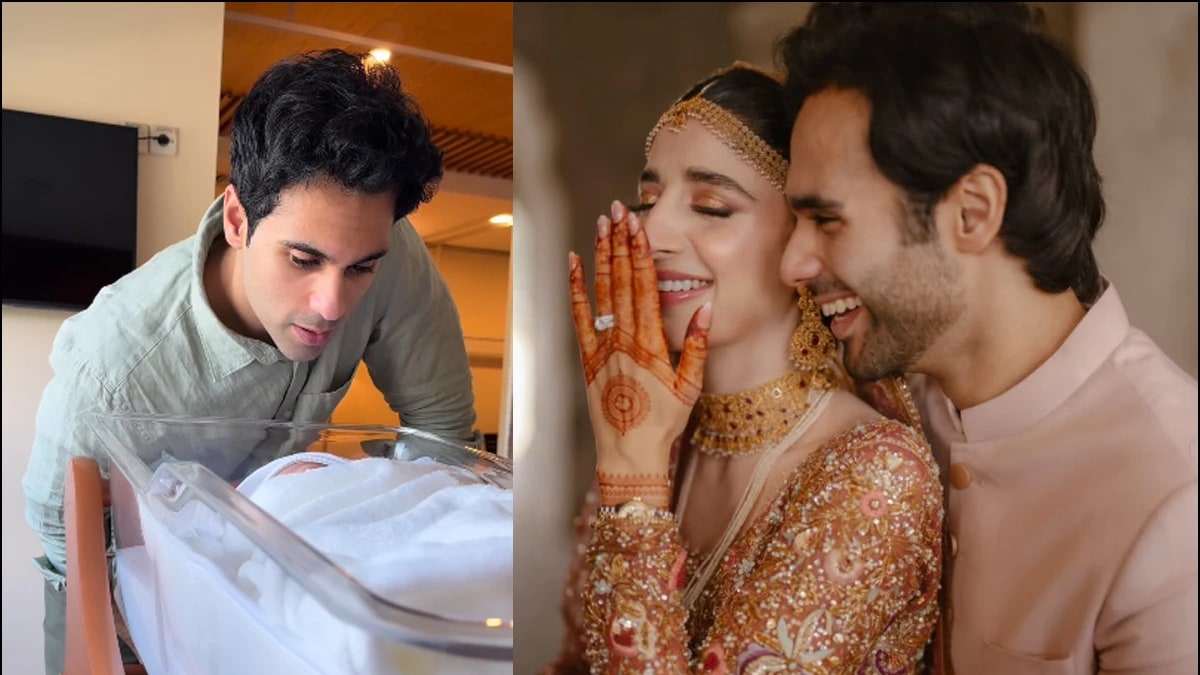 Ameer Gilani leaning over a hospital bassinet, beside a wedding photo of Mawra Hocane and Ameer Gilani