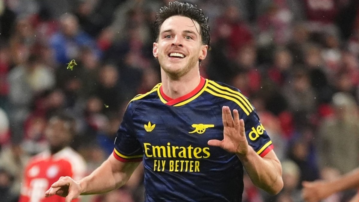 Declan Rice celebrating his equaliser for Arsenal against Bayern Munich