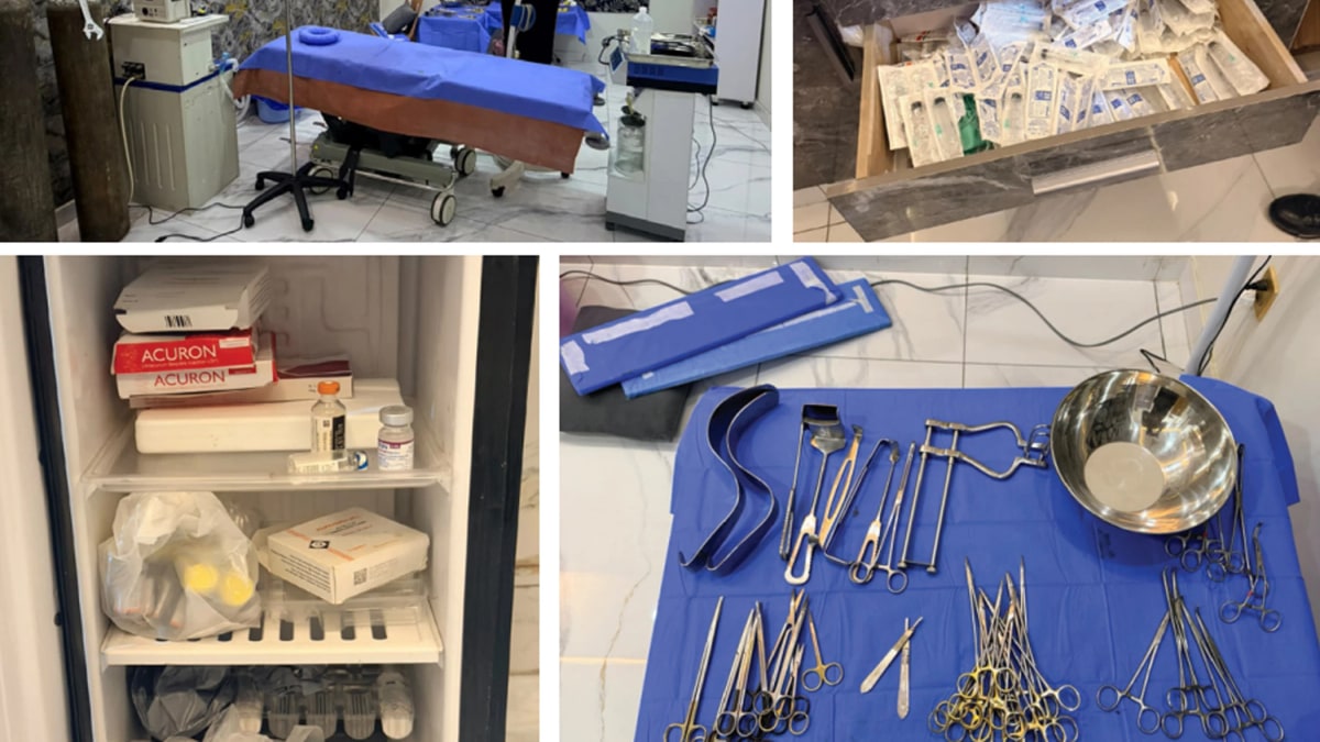 Operating table, medicines and surgical instruments shown in photos of the raided premises