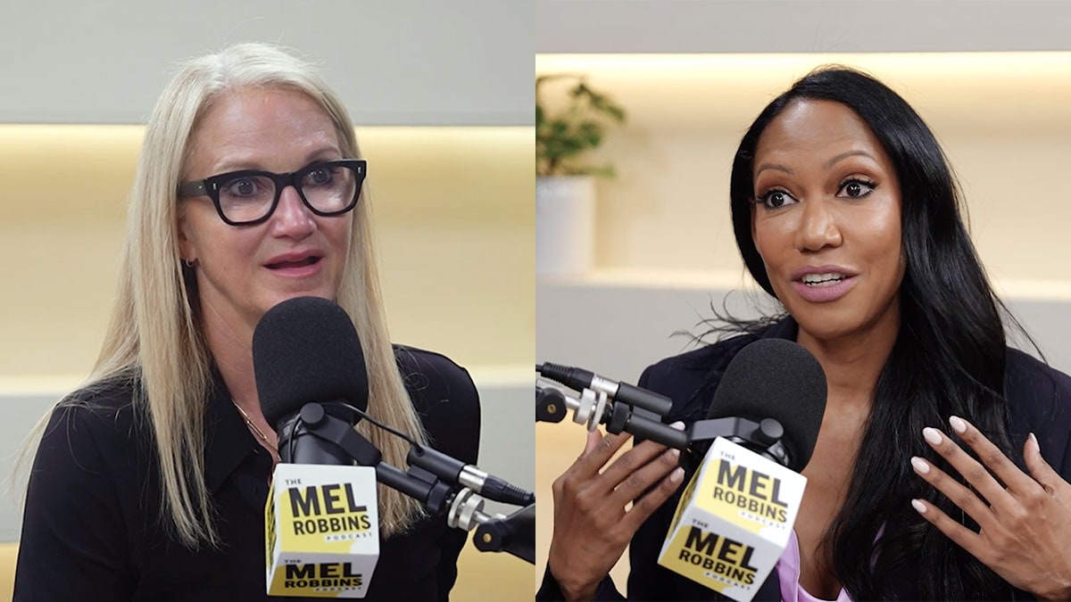 Mel Robbins, left, and psychiatrist Dr Judith Joseph, right, talking at The Mel Robbins Podcast microphones