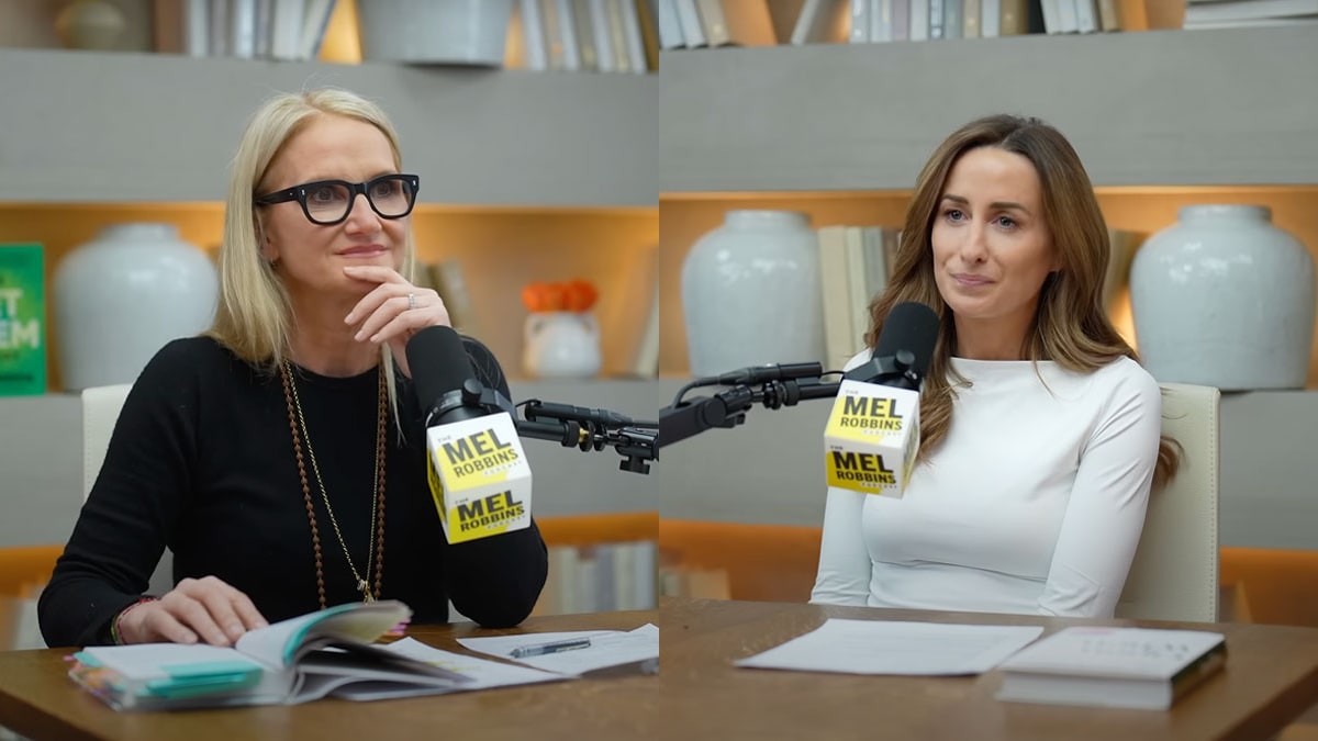 Mel Robbins, left, and clinical psychologist Dr Julie Smith, right, at The Mel Robbins Podcast microphones