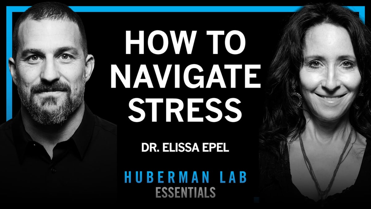 Huberman Lab Essentials artwork showing Andrew Huberman and Dr. Elissa Epel, titled How to Navigate Stress