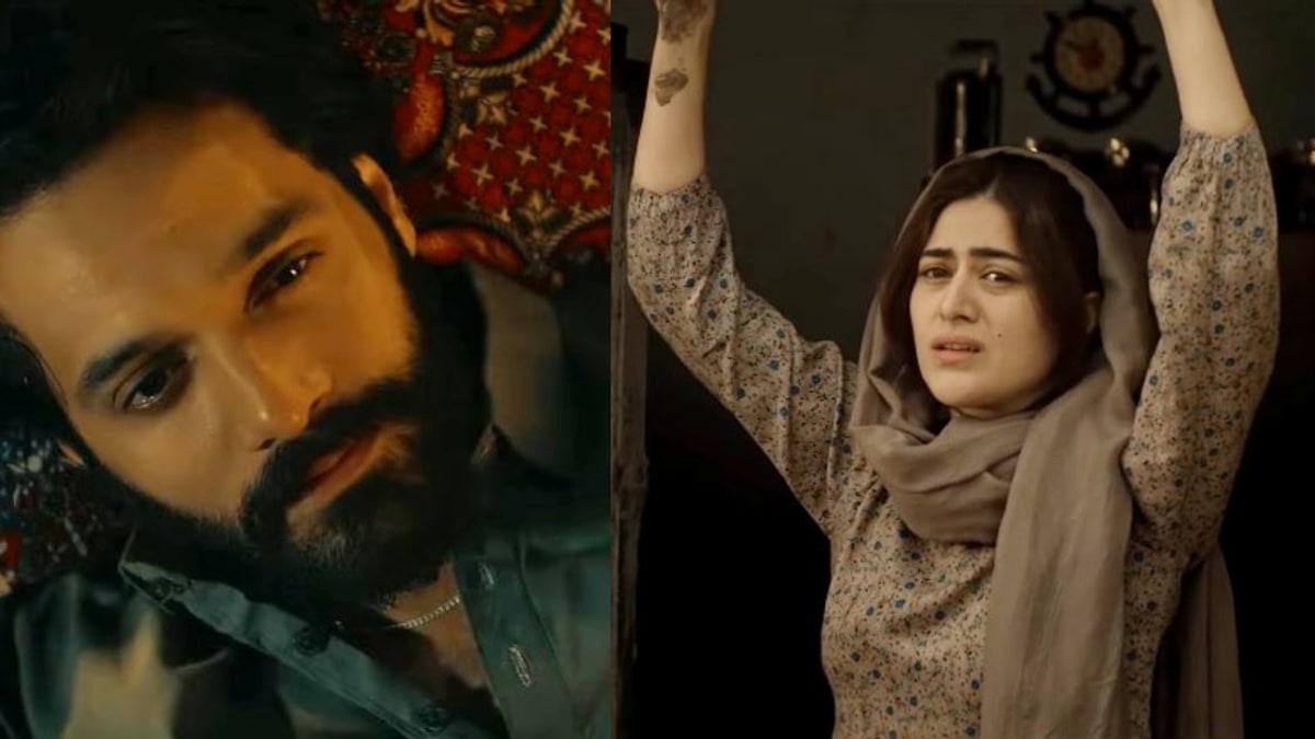 Wahaj Ali as Baala beside a still of a woman in a beige dupatta with raised hennaed hands, from Mitti De Baway