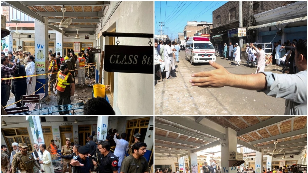 Rescue workers at the site of the school roof collapse in Peshawar