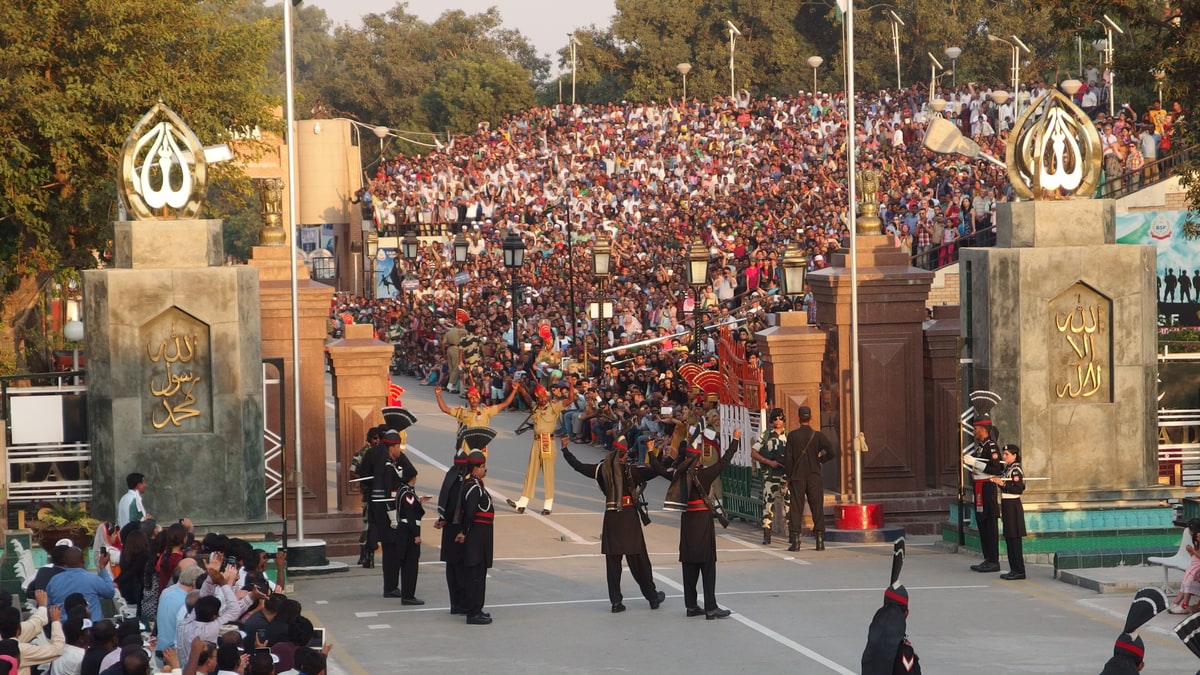 The evening flag ceremony at the Wagah border, seen from the Pakistani side